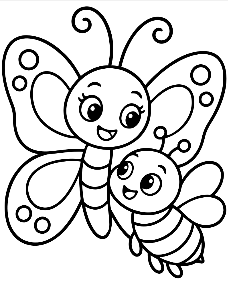 Printable butterfly and bee friends line art — Butterfly coloring page