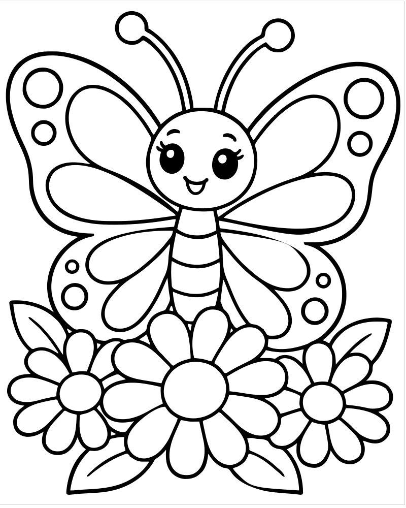 Butterfly and Daisies — Butterfly coloring page to print for children
