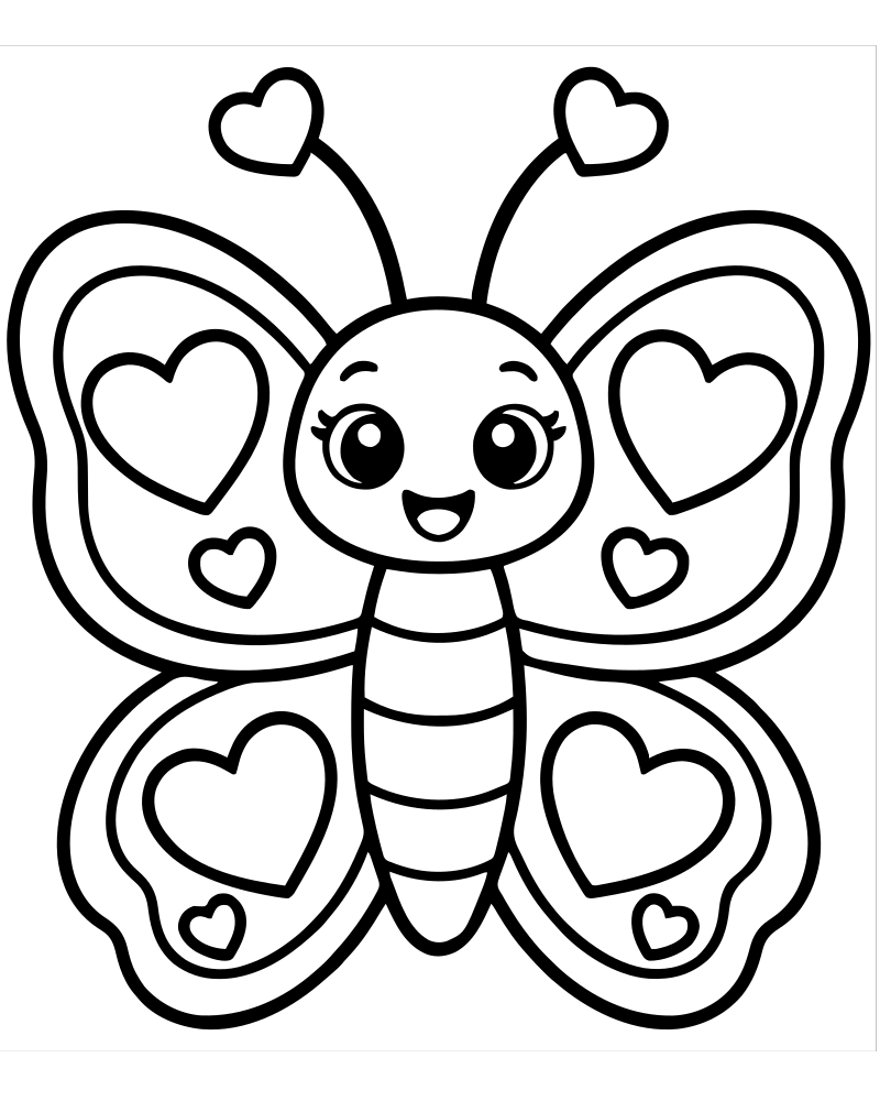 Printable butterfly with heart wings line art — Butterfly coloring page