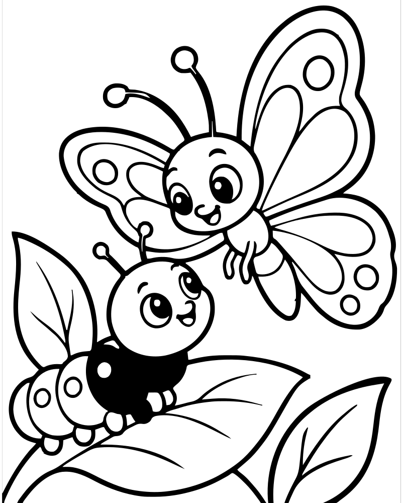 Caterpillar Meets Butterfly — Butterfly coloring page to print for children