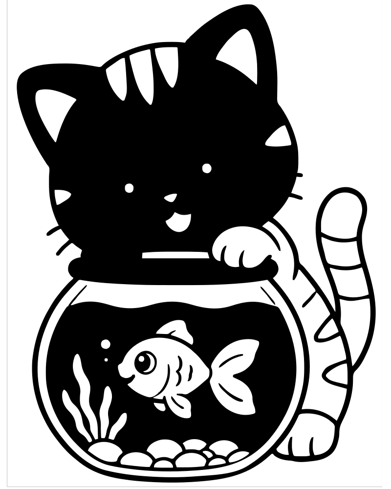 Cat and Fish Bowl picture to color — Cat coloring page for kids