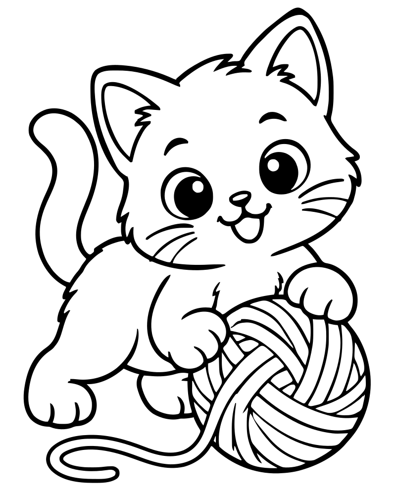 Cute Kitten with Yarn Ball — free printable Cat coloring page for kids