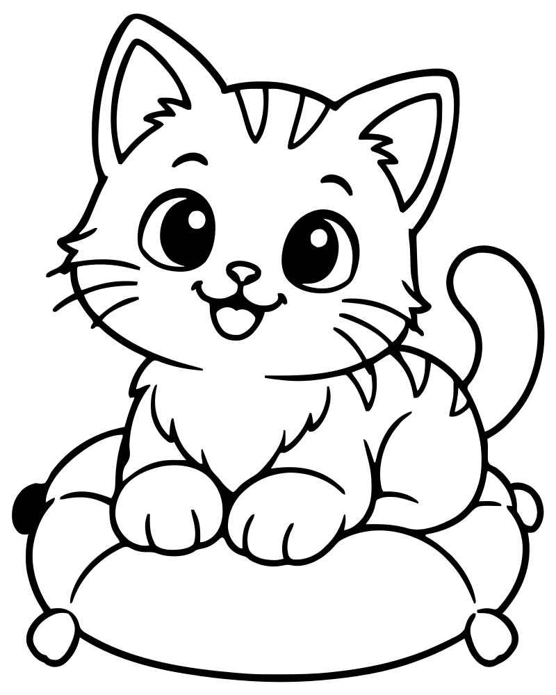 Printable kitten on a cushion line art — Cat coloring page