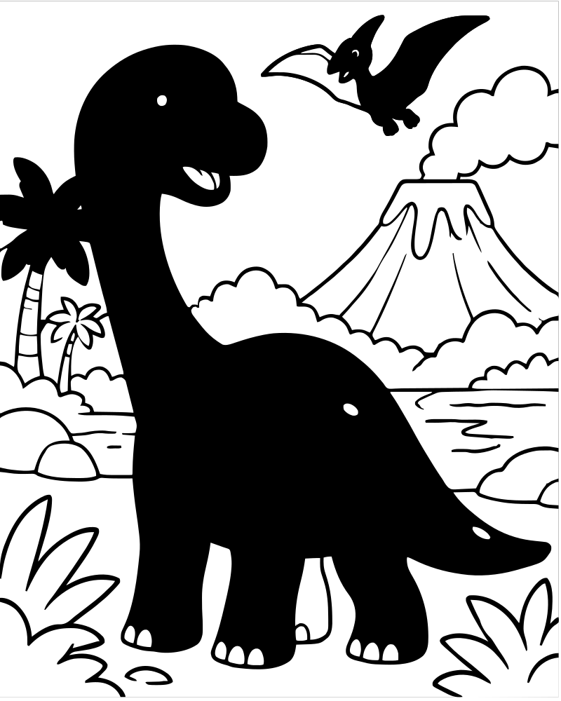 Printable prehistoric landscape line art — Dinosaur coloring page
