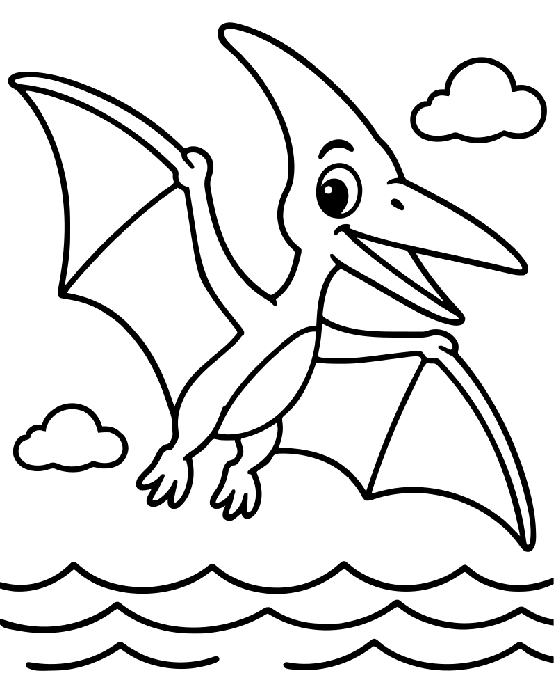 Pterodactyl over the Sea — printable Dinosaur coloring sheet for preschoolers