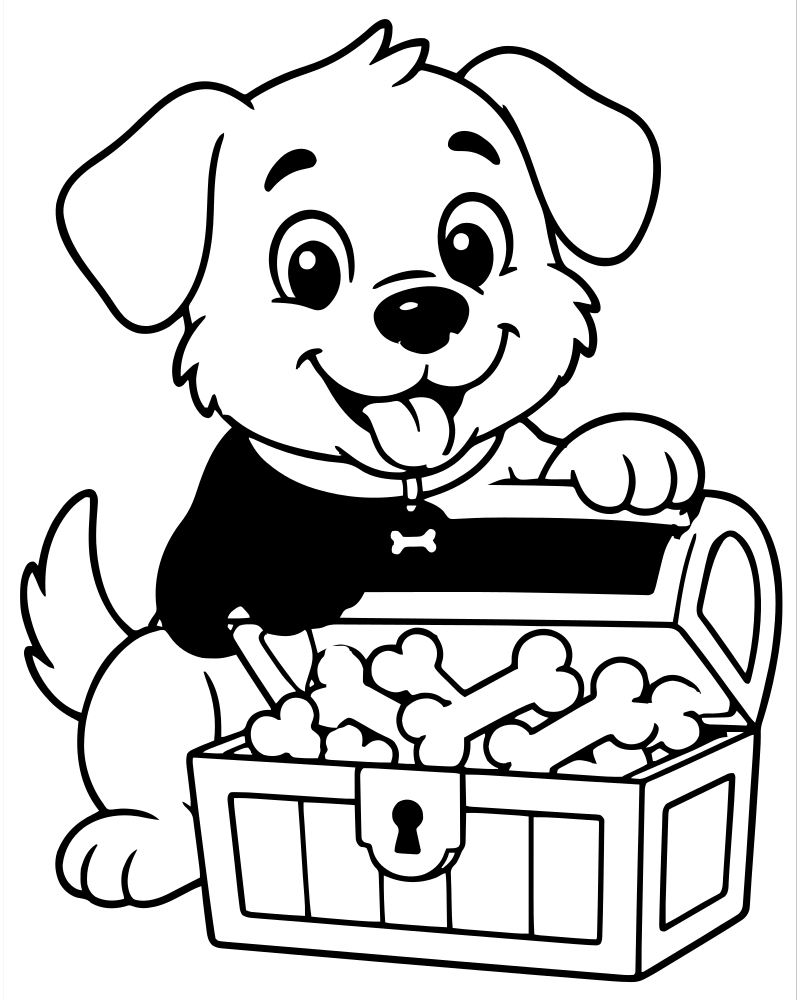 Printable dog and its bone treasure line art — Dog coloring page