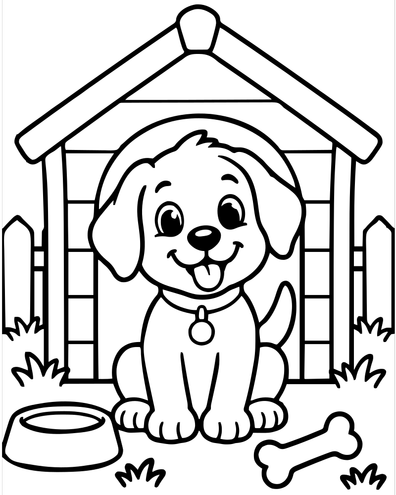 Dog House in the Yard — free printable Dog coloring page for kids