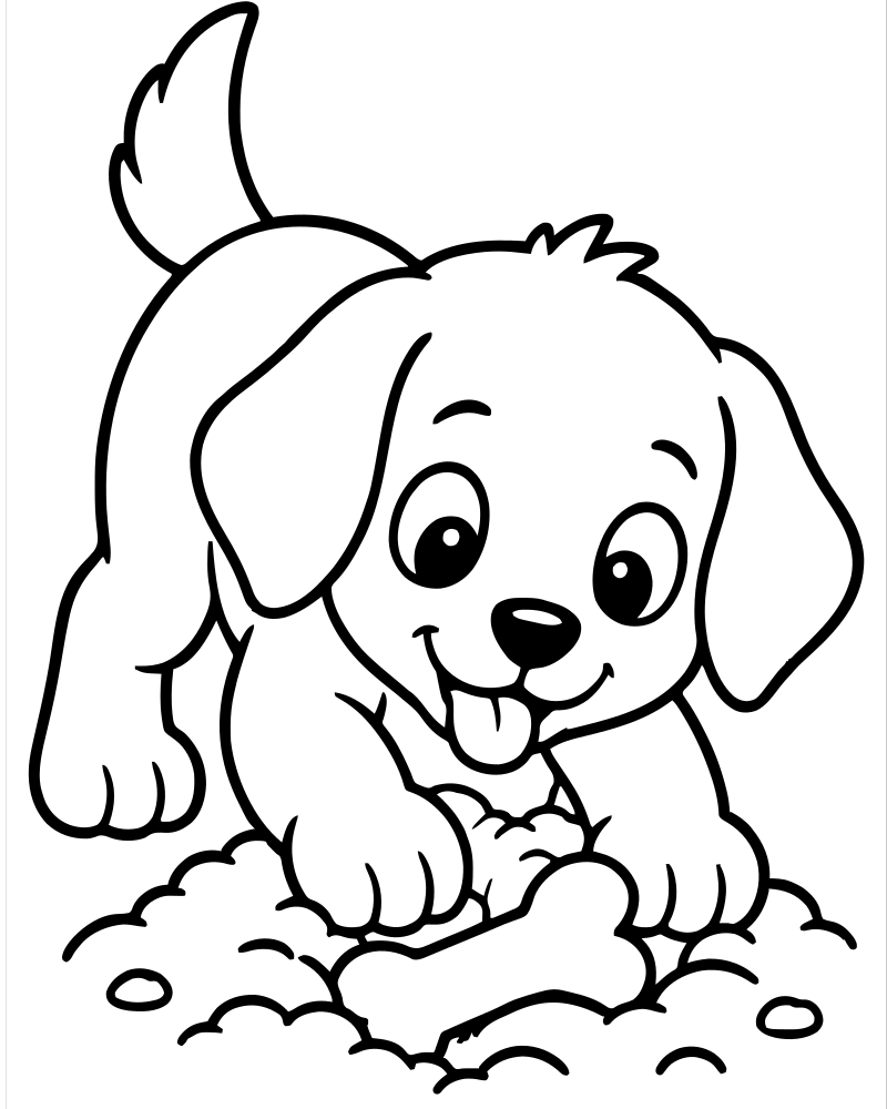 Puppy Burying a Bone — printable Dog coloring sheet for preschoolers