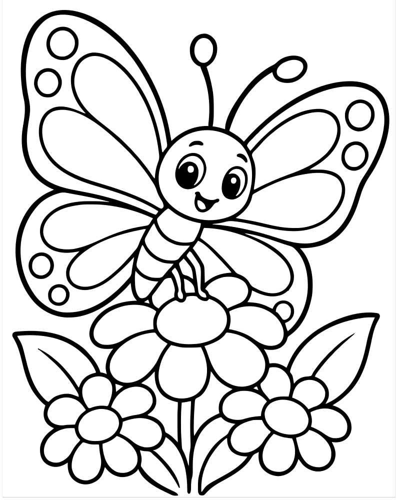 Butterfly on Flowers picture to color — Flower coloring page for kids