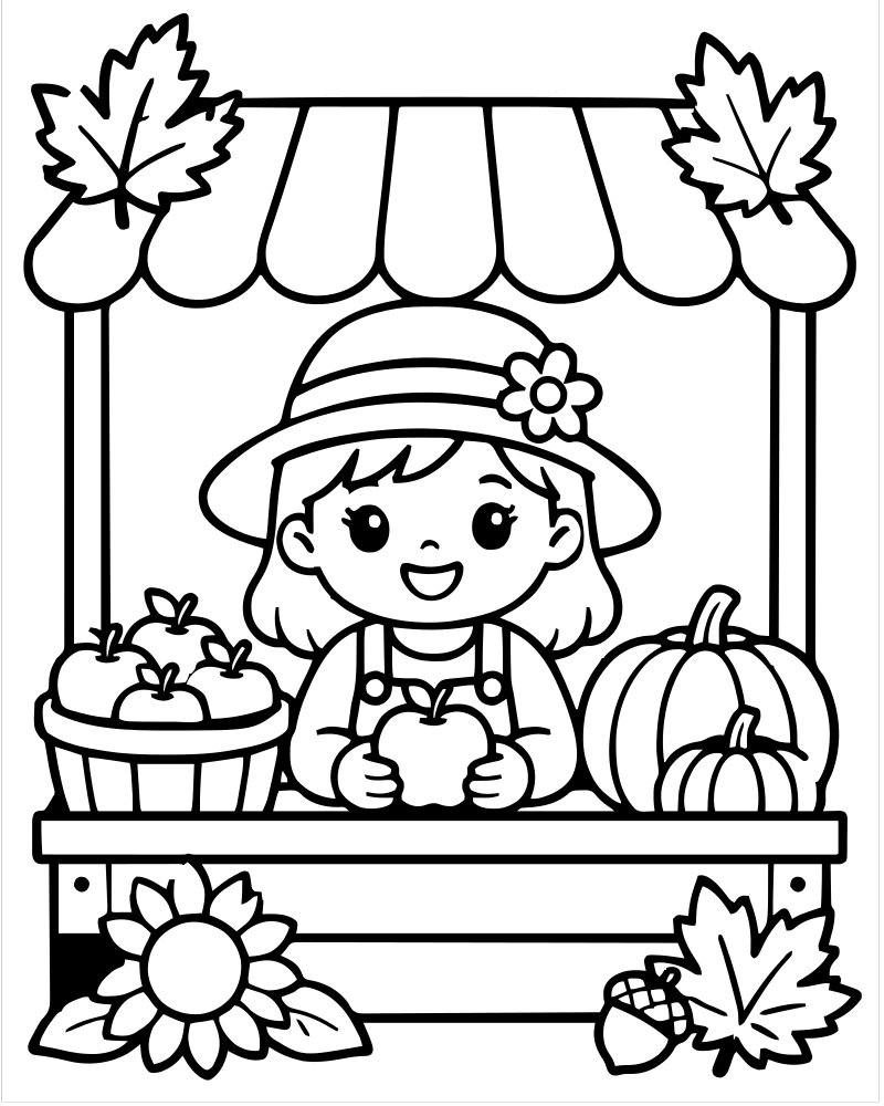 Autumn Market Stand — Pumpkin coloring page to print for children