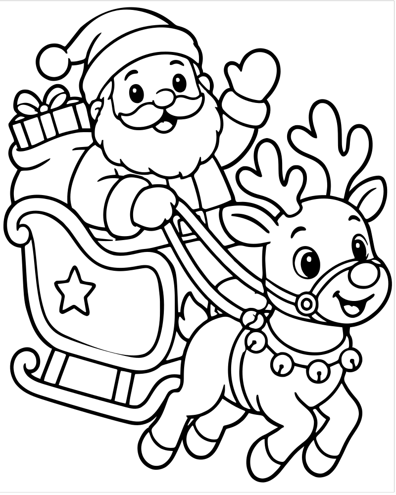 Christmas Eve Sleigh Flight — printable Santa Claus coloring sheet for preschoolers