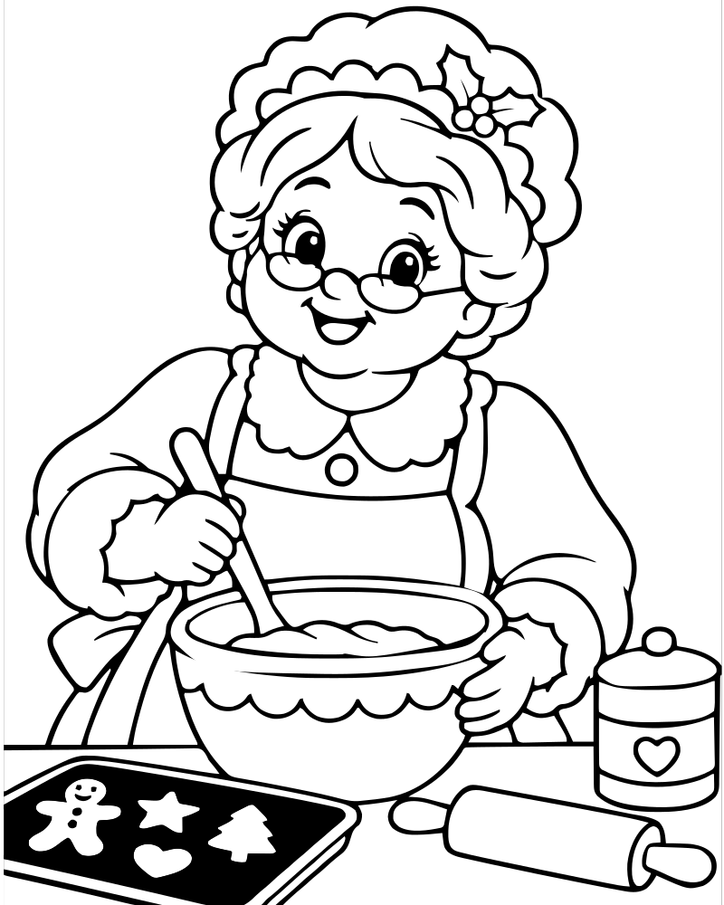 Mrs. Claus Baking — free printable Santa Claus coloring page for kids