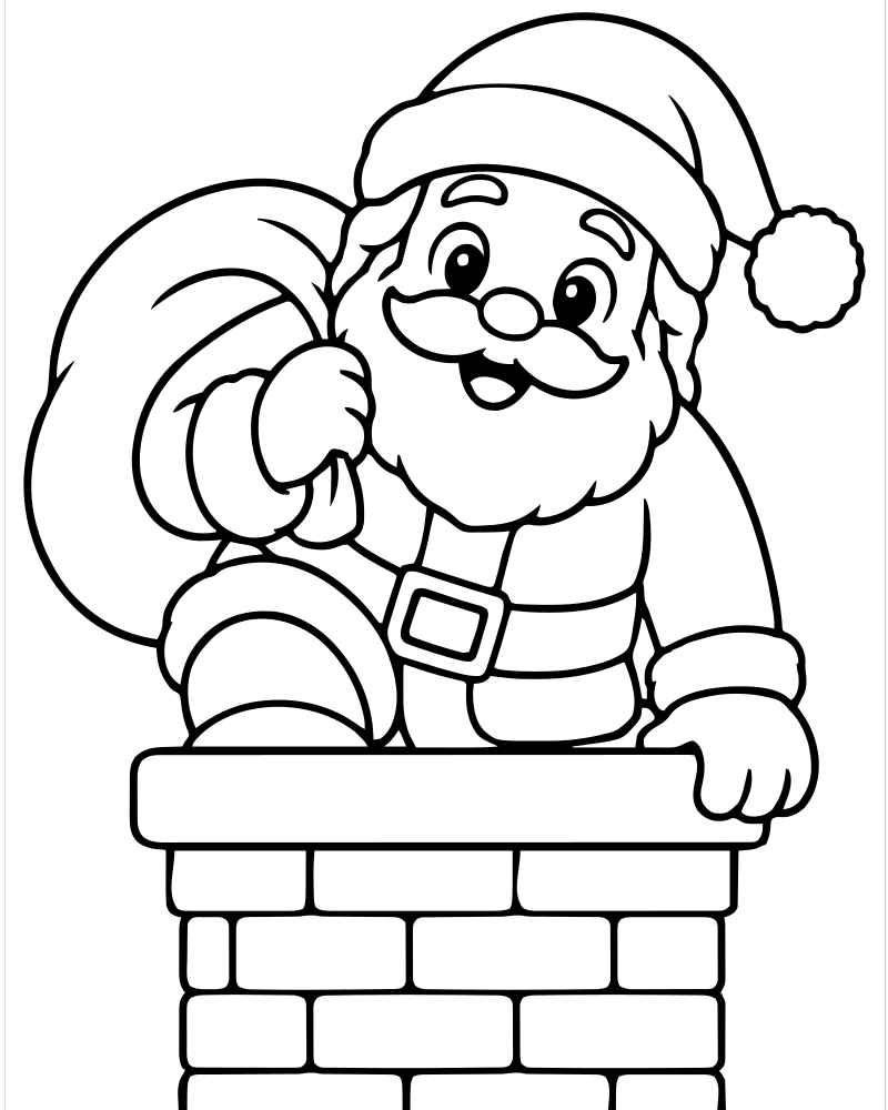 Santa Down the Chimney — Santa Claus coloring page to print for children