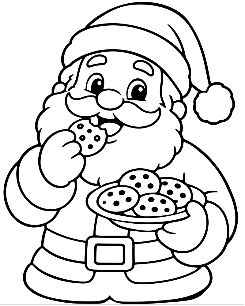 Santa Eating Cookies — printable Santa Claus coloring sheet for preschoolers