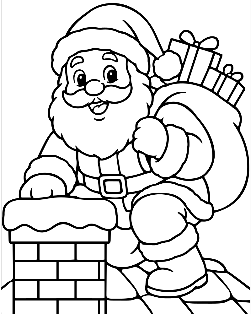 Printable santa on the rooftop line art — Santa Claus coloring page