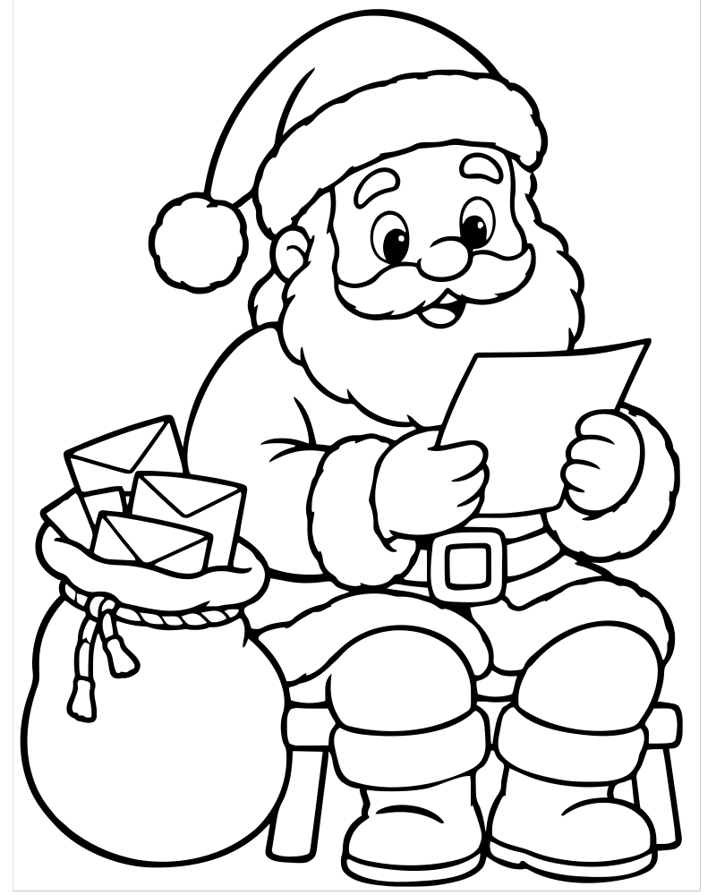 Printable santa reading letters line art — Santa Claus coloring page