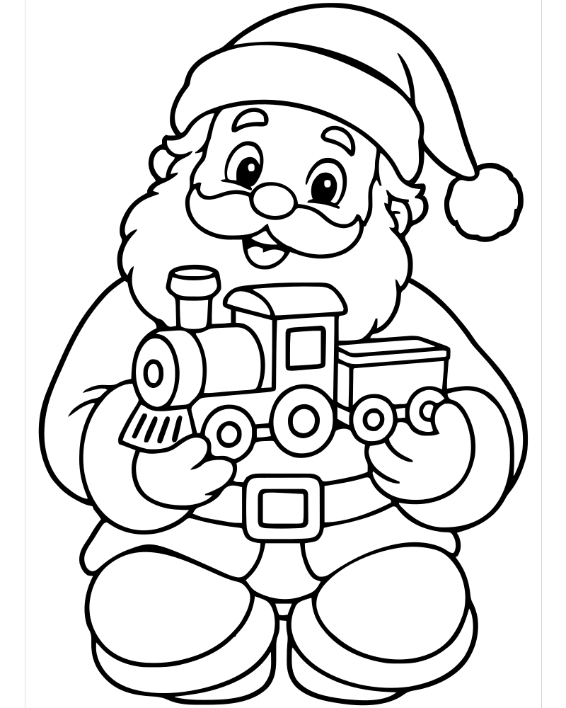 Santa with Toy Train — free printable Santa Claus coloring page for kids