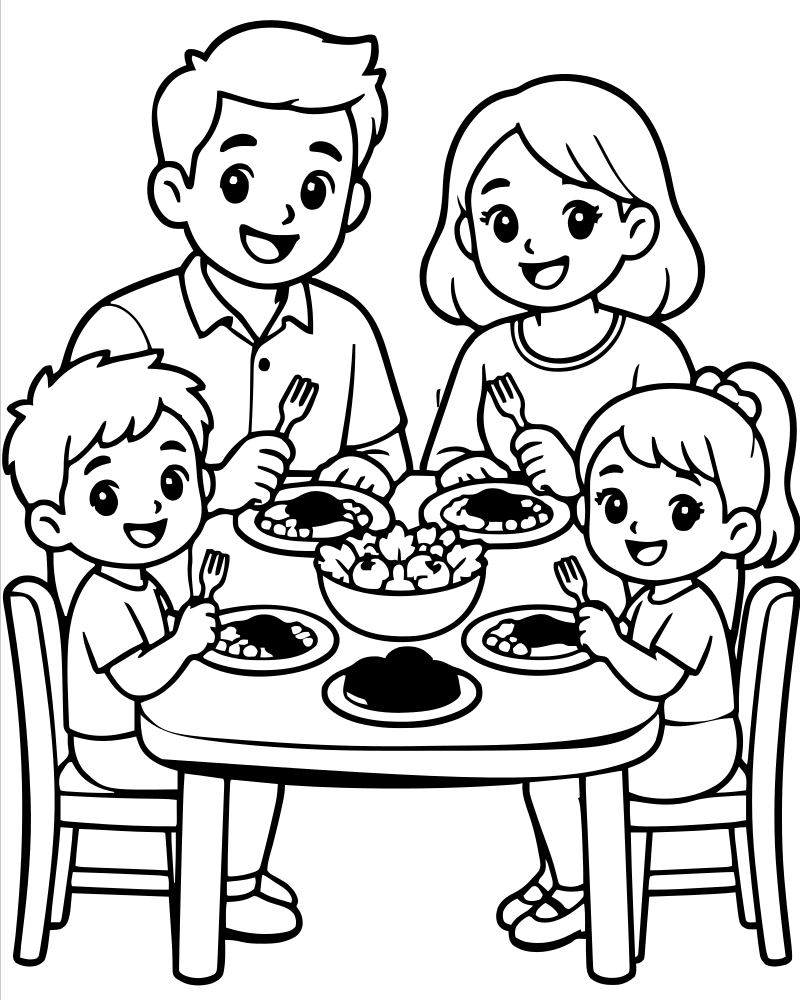 Family Dinner Table — printable Thanksgiving coloring sheet for preschoolers