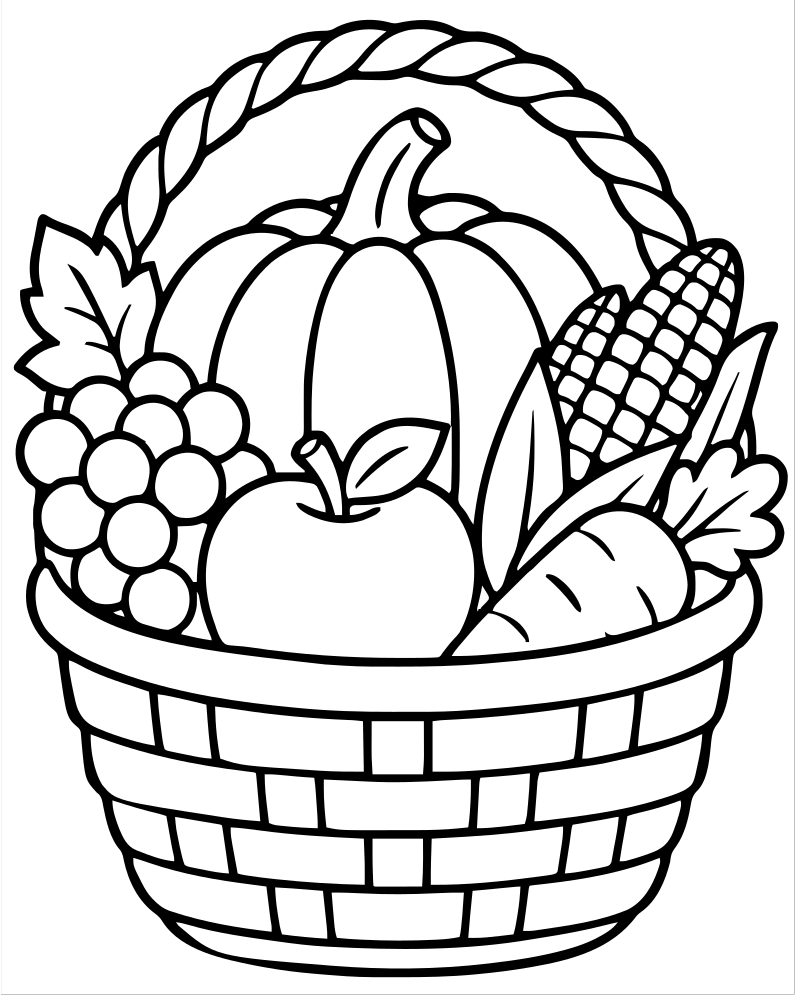 Printable harvest basket line art — Thanksgiving coloring page
