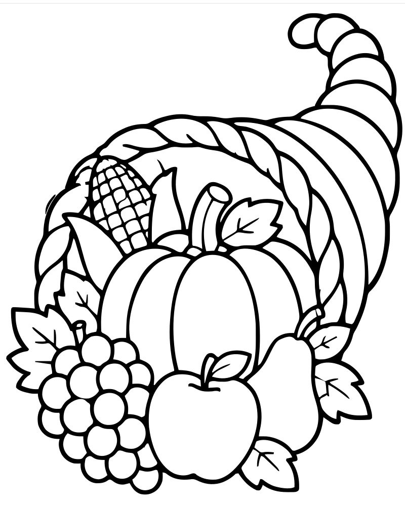 Horn of Plenty Cornucopia picture to color — Thanksgiving coloring page for kids