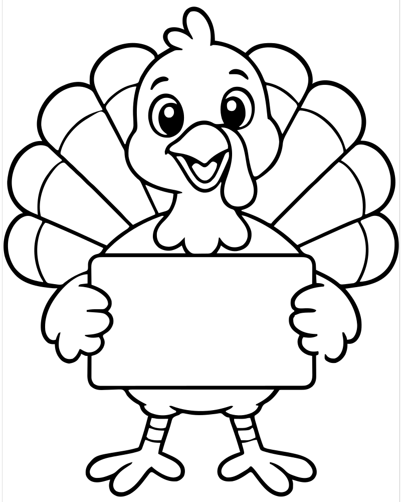 Printable turkey with a sign line art — Thanksgiving coloring page