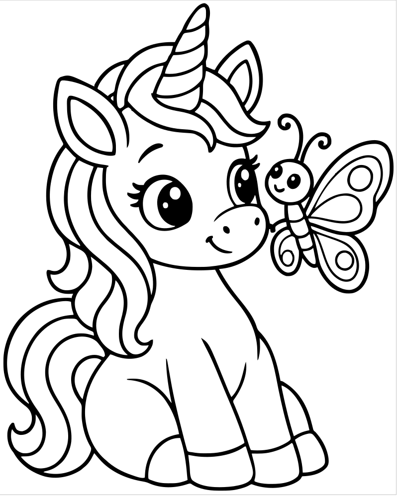 Unicorn and Butterfly Friends — printable Unicorn coloring sheet for preschoolers