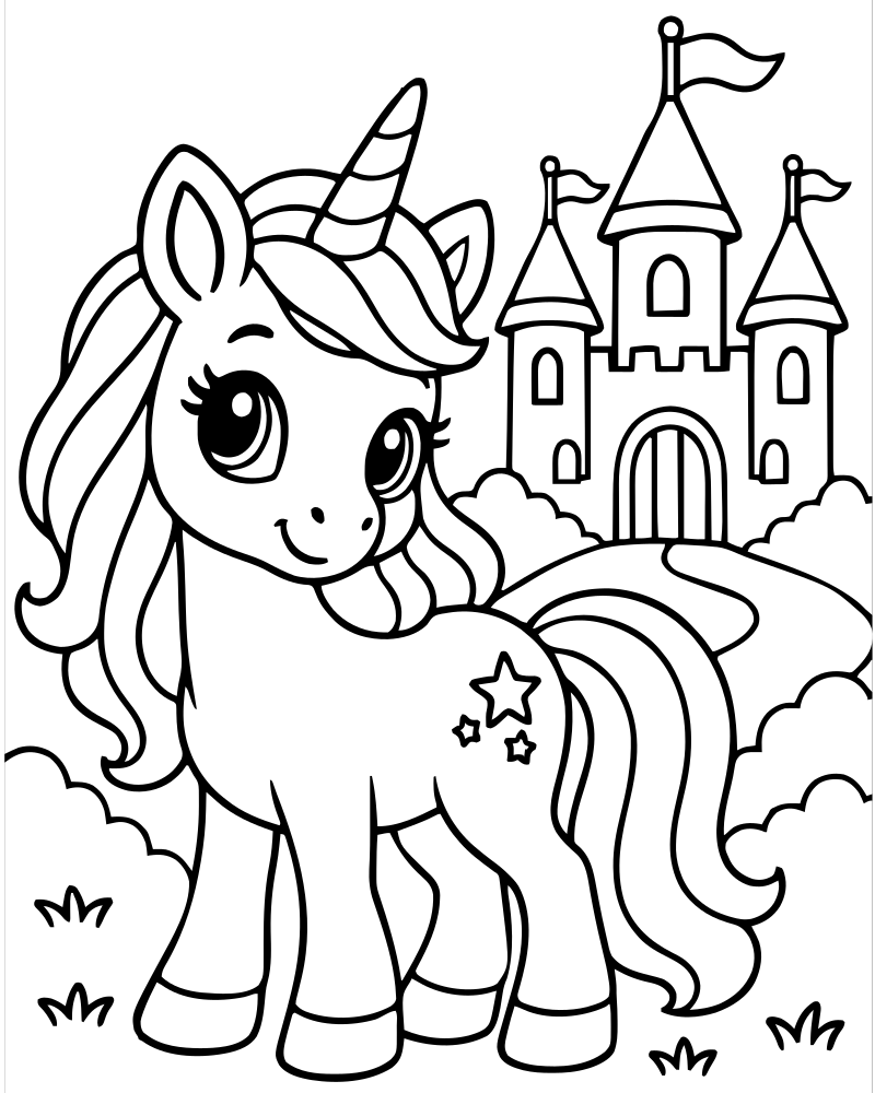 Unicorn and Castle — free printable Unicorn coloring page for kids