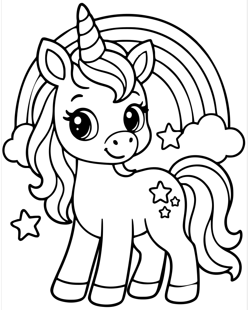 Unicorn and Rainbow — printable Unicorn coloring sheet for preschoolers