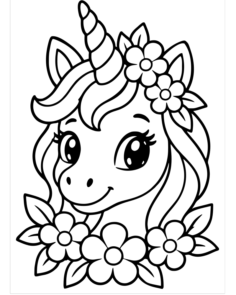 Unicorn Head with Flowers — Unicorn coloring page to print for children