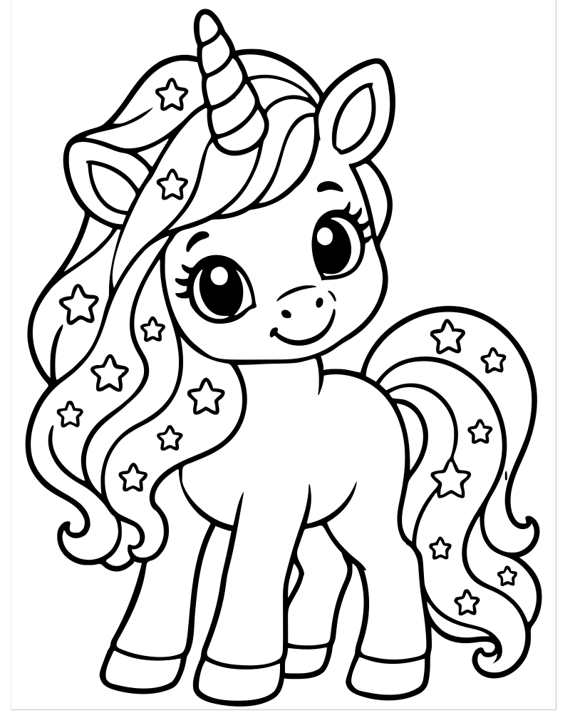 Unicorn with a Starry Mane — Unicorn coloring page to print for children