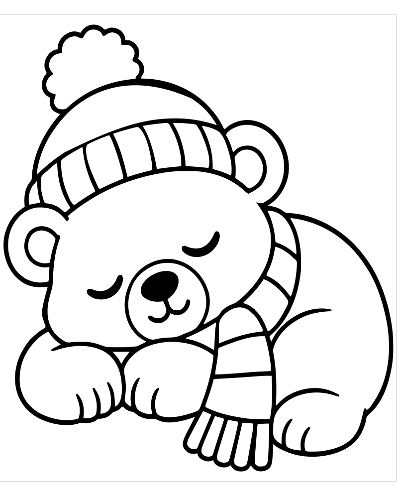 Sleeping Bear in Winter — Winter coloring page to print for children