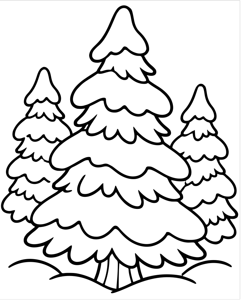 Snow-Covered Pine Trees picture to color — Winter coloring page for kids