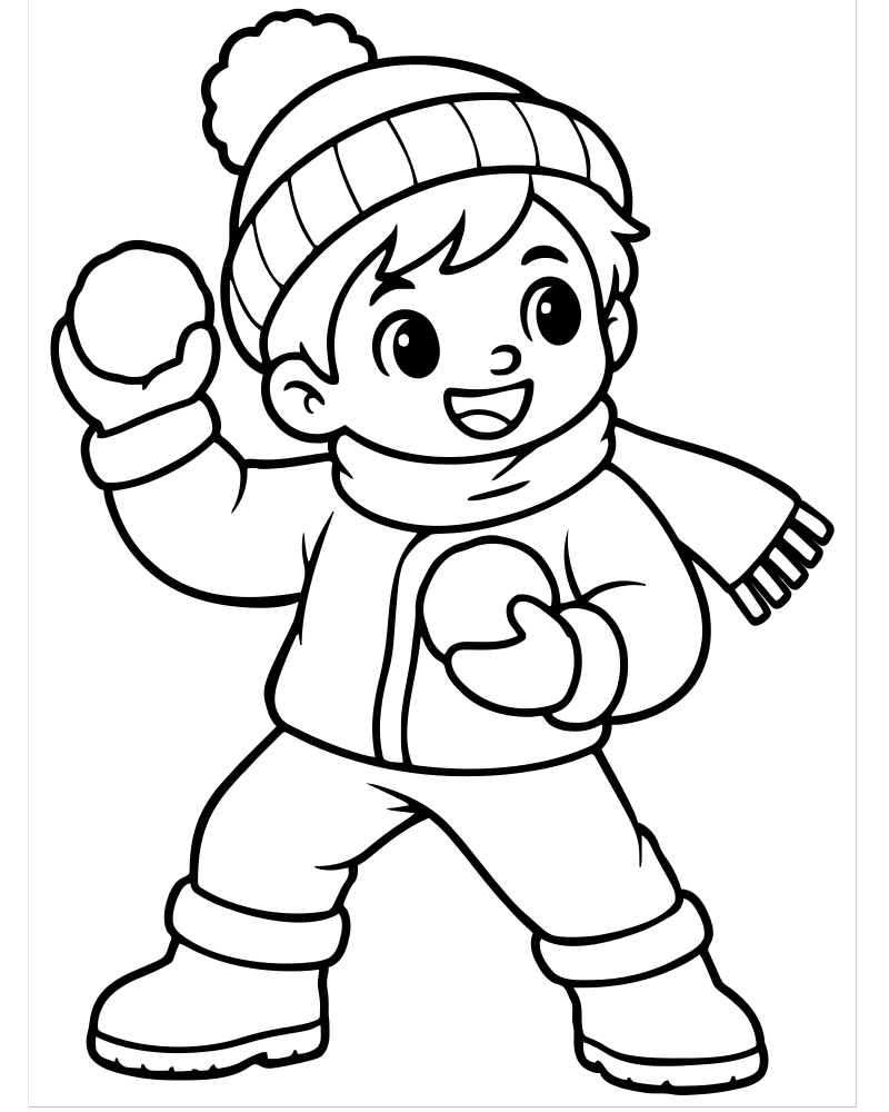 Printable snowball fight line art — Winter coloring page